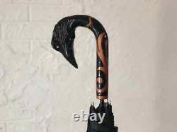 Unique umbrella raven Hand carved wooden umbrella Raven Wooden stick Design