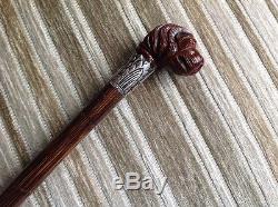 Unusual Antique Carved Dogs Head Walking Cane