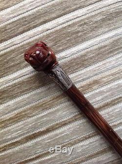 Unusual Antique Carved Dogs Head Walking Cane