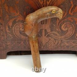 Unusual Carved Wooden Walking Stick Handle Eagle And Mans Head Antique c1880