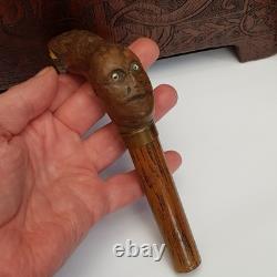 Unusual Carved Wooden Walking Stick Handle Eagle And Mans Head Antique c1880