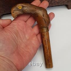 Unusual Carved Wooden Walking Stick Handle Eagle And Mans Head Antique c1880