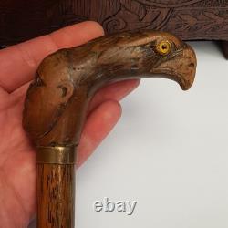 Unusual Carved Wooden Walking Stick Handle Eagle And Mans Head Antique c1880