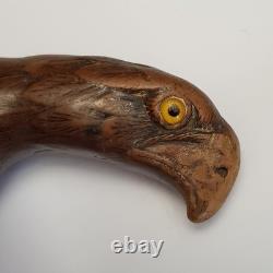 Unusual Carved Wooden Walking Stick Handle Eagle And Mans Head Antique c1880
