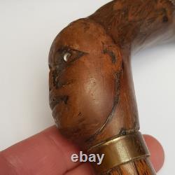 Unusual Carved Wooden Walking Stick Handle Eagle And Mans Head Antique c1880