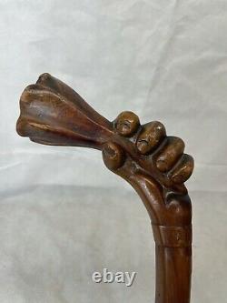 Unusual Vintage Folk Art Walking Stick Carved With A Hand Holding A Flower