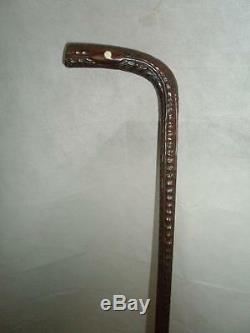 VINTAGE/ANTIQUE CARVED TEXTURAL TAN DRESS/WALKING CANE With BEAUTIFUL INLAY