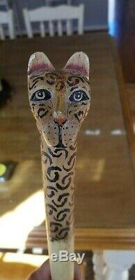 VINTAGE HAND CARVED CANE HAND PAINTED WALKING Stick Cheetah Leopard Cat Wood