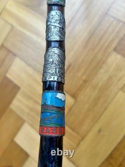 VINTAGE WALKING STICK CANE Hiking Souvenir Tourist Badges 34 Carved Sculpted
