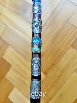 VINTAGE WALKING STICK CANE Hiking Souvenir Tourist Badges 34 Carved Sculpted