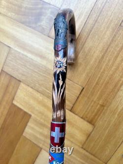 VINTAGE WALKING STICK CANE Hiking Souvenir Tourist Badges 34 Carved Sculpted