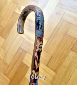 VINTAGE WALKING STICK CANE Hiking Souvenir Tourist Badges 34 Carved Sculpted