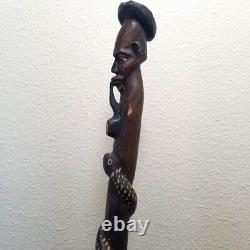 VTG African Art Hand Carved Dark Wood Walking Stick Cane Man Smoking Pipe Snake