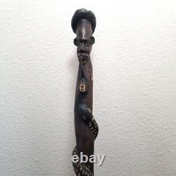 VTG African Art Hand Carved Dark Wood Walking Stick Cane Man Smoking Pipe Snake