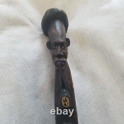 VTG African Art Hand Carved Dark Wood Walking Stick Cane Man Smoking Pipe Snake