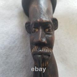 VTG African Art Hand Carved Dark Wood Walking Stick Cane Man Smoking Pipe Snake