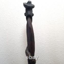 VTG African Art Hand Carved Dark Wood Walking Stick Cane Man Smoking Pipe Snake