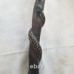 VTG African Art Hand Carved Dark Wood Walking Stick Cane Man Smoking Pipe Snake