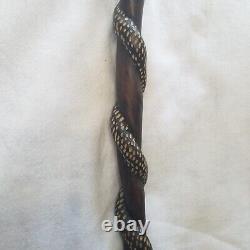 VTG African Art Hand Carved Dark Wood Walking Stick Cane Man Smoking Pipe Snake