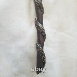 VTG African Art Hand Carved Dark Wood Walking Stick Cane Man Smoking Pipe Snake