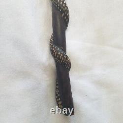 VTG African Art Hand Carved Dark Wood Walking Stick Cane Man Smoking Pipe Snake