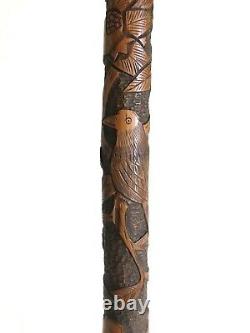 VTG Hand Carved Bamboo Walking Stick Cane Birds Fruits Trees 35 Long Burl Knob