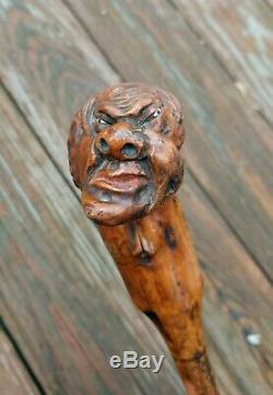 VTG Wooden Folk Art Walking Stick Old Man Grotesque Face Hand Carved Cane Creepy