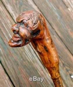 VTG Wooden Folk Art Walking Stick Old Man Grotesque Face Hand Carved Cane Creepy
