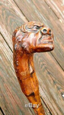 VTG Wooden Folk Art Walking Stick Old Man Grotesque Face Hand Carved Cane Creepy