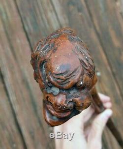 VTG Wooden Folk Art Walking Stick Old Man Grotesque Face Hand Carved Cane Creepy