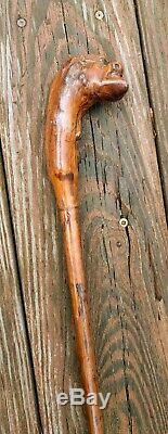 VTG Wooden Folk Art Walking Stick Old Man Grotesque Face Hand Carved Cane Creepy