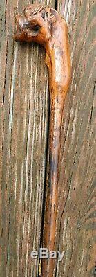 VTG Wooden Folk Art Walking Stick Old Man Grotesque Face Hand Carved Cane Creepy