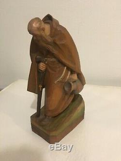 Very Rare Anri Wood Carvings- Monk w Walking Stick & Jug 1952 Italy Great Cond
