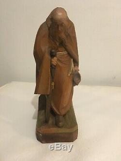 Very Rare Anri Wood Carvings- Monk w Walking Stick & Jug 1952 Italy Great Cond