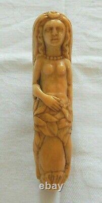 Victorian Antique Nude Lady Men Bone Heavily Carved Walking Stick Cane Handle