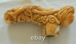 Victorian Antique Nude Lady Men Bone Heavily Carved Walking Stick Cane Handle