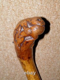 Victorian Bamboo Walking Stick Hand-Carved Top Jaguar Hunting Deer