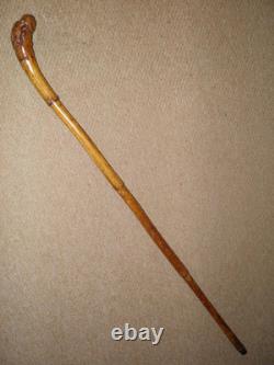 Victorian Bamboo Walking Stick Hand-Carved Top Jaguar Hunting Deer