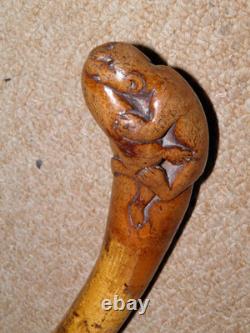 Victorian Bamboo Walking Stick Hand-Carved Top Jaguar Hunting Deer