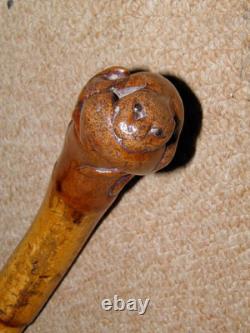 Victorian Bamboo Walking Stick Hand-Carved Top Jaguar Hunting Deer