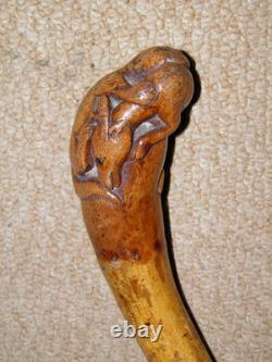 Victorian Bamboo Walking Stick Hand-Carved Top Jaguar Hunting Deer