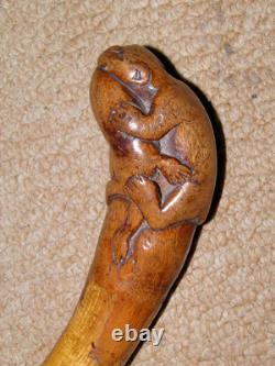 Victorian Bamboo Walking Stick Hand-Carved Top Jaguar Hunting Deer