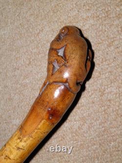 Victorian Bamboo Walking Stick Hand-Carved Top Jaguar Hunting Deer