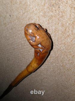 Victorian Bamboo Walking Stick Hand-Carved Top Jaguar Hunting Deer