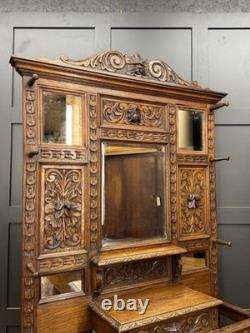 Victorian Carved Oak Hall Stand Coat & Hat Hooks Walking Stick Umbrella Stan