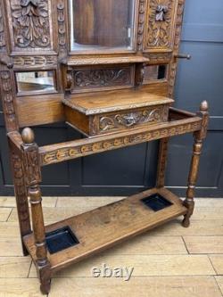 Victorian Carved Oak Hall Stand Coat & Hat Hooks Walking Stick Umbrella Stan