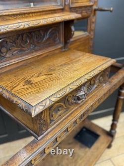 Victorian Carved Oak Hall Stand Coat & Hat Hooks Walking Stick Umbrella Stan