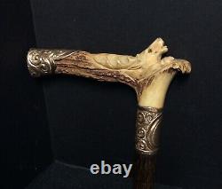 Victorian Carved Stag Walking Stick/ Parasol/ Cane Handle with Gold Filled Mounts