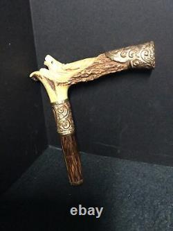 Victorian Carved Stag Walking Stick/ Parasol/ Cane Handle with Gold Filled Mounts