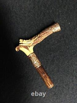 Victorian Carved Stag Walking Stick/ Parasol/ Cane Handle with Gold Filled Mounts